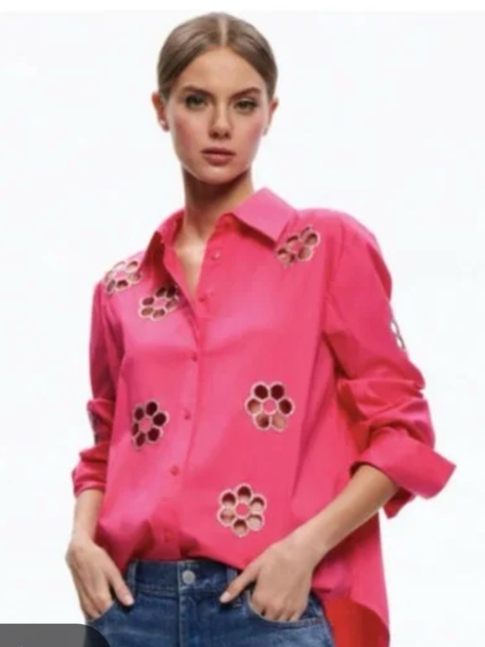 Alice + Olivia Finely Flower Embellished Cut Out Button Front Blouse xs